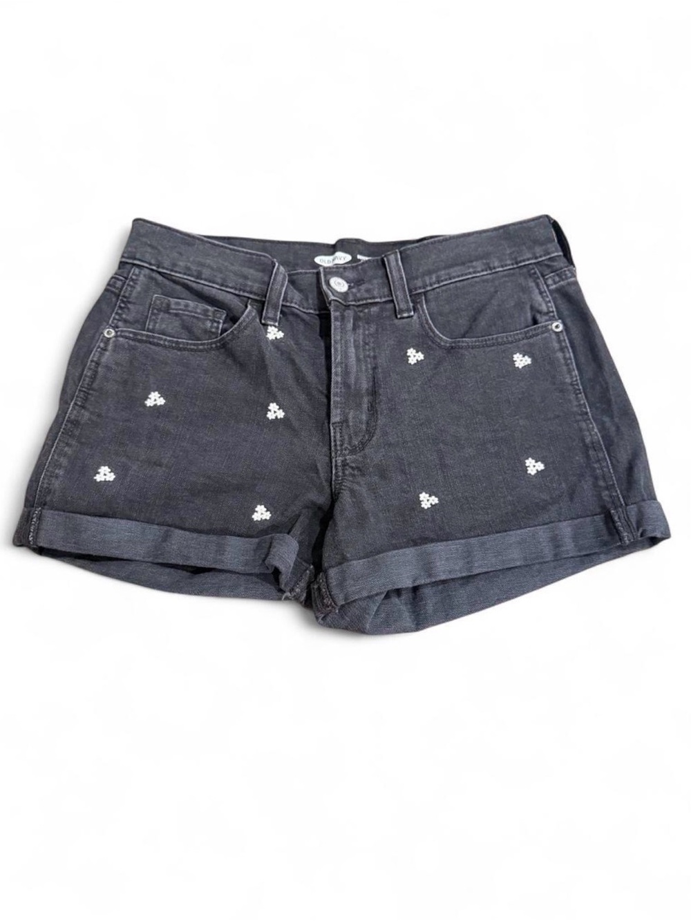 Old Navy Black Denim Shorts with White Floral Embroidery